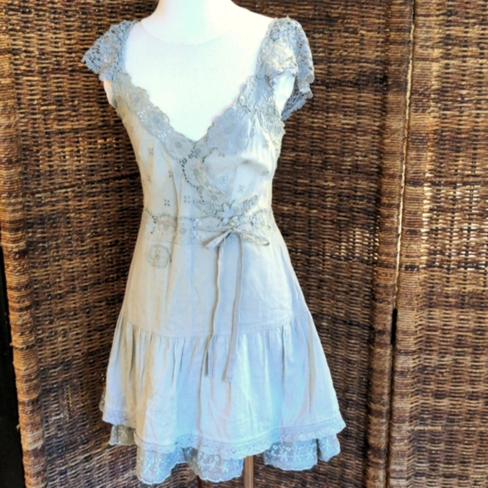 Free people Dusty Blue Lace Applique Cap Sleeve Mini Dress
